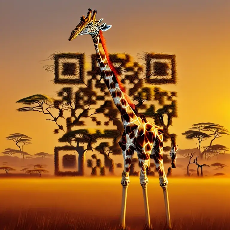 A giraffe in the African savannah at golden hour, among acacia trees in warm light.