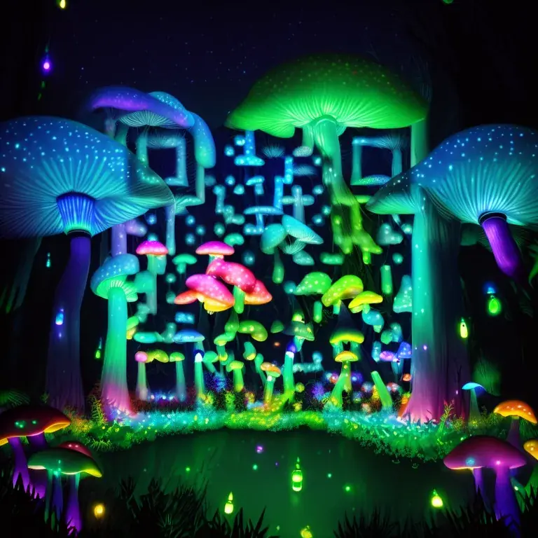 An enchanted forest of glowing mushrooms and fireflies at night.