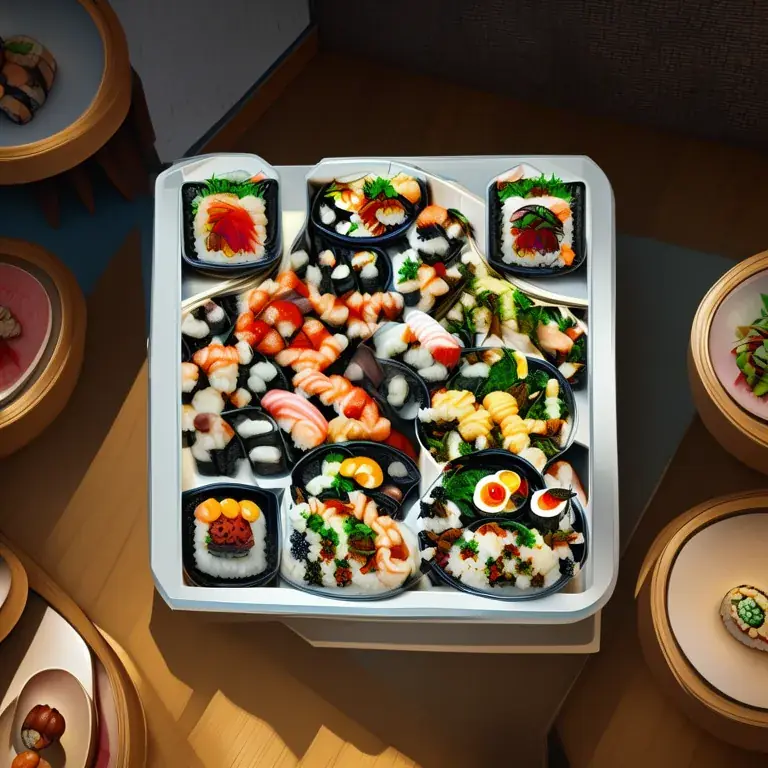 A sushi conveyor restaurant seen from above, lined with colourful plates.