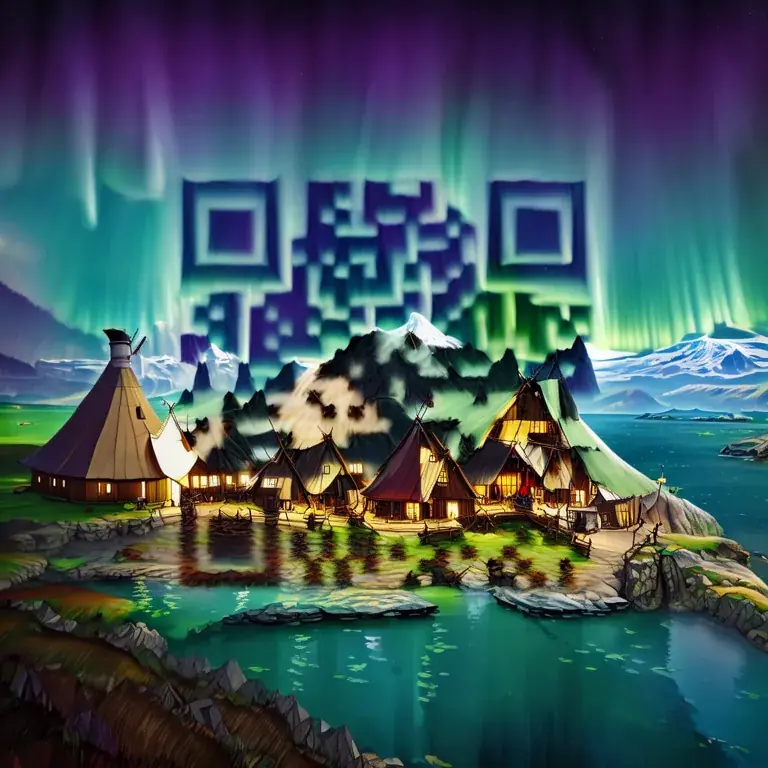 A Viking longhouse village beside a fjord under the northern lights.