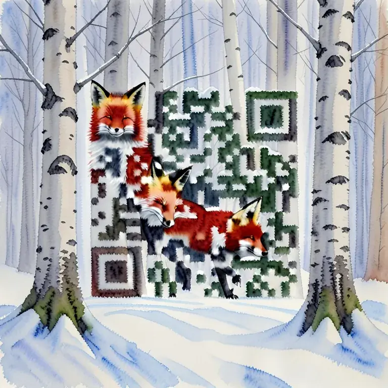 A red fox in a snowy birch forest, painted in watercolour.
