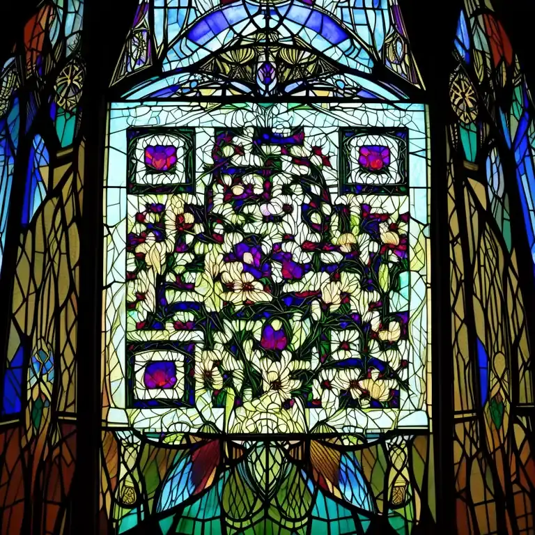 A stained-glass Art Nouveau window with flowers and swirling lines.