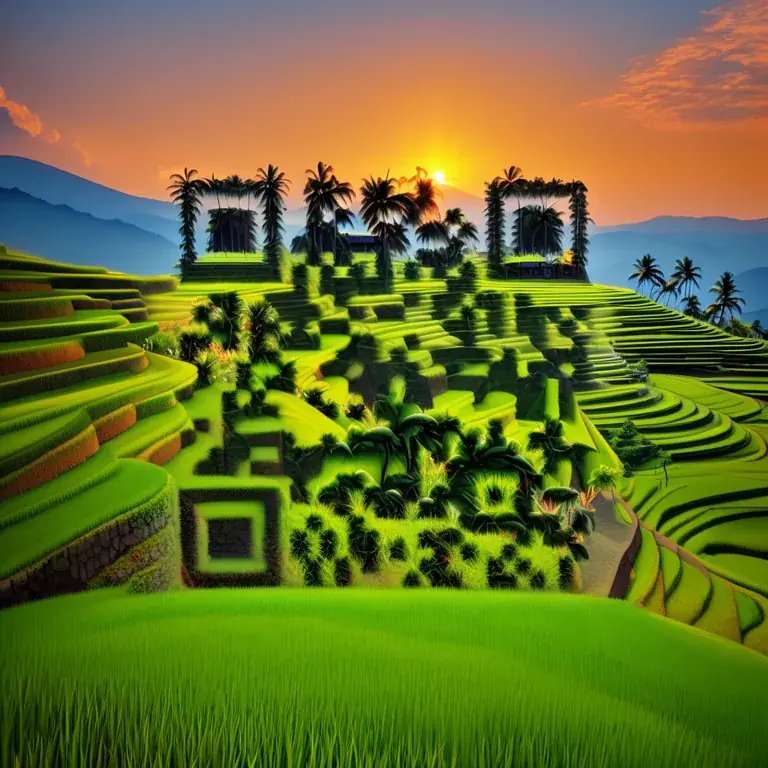Terraced rice fields in Bali at sunrise, with emerald steps and palm trees.