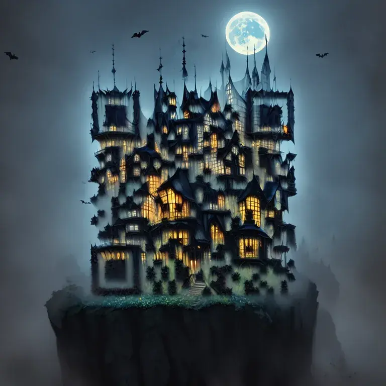 A gothic haunted mansion on a hill under a full moon, with bats and eerie fog.