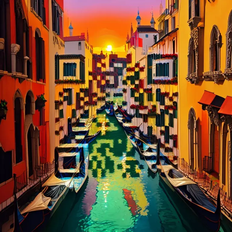 A Venetian canal with gondolas and colourful palaces reflecting the sunset.