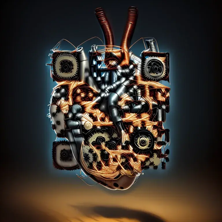 A mechanical heart made of gears and copper wire, under dark, dramatic lighting.