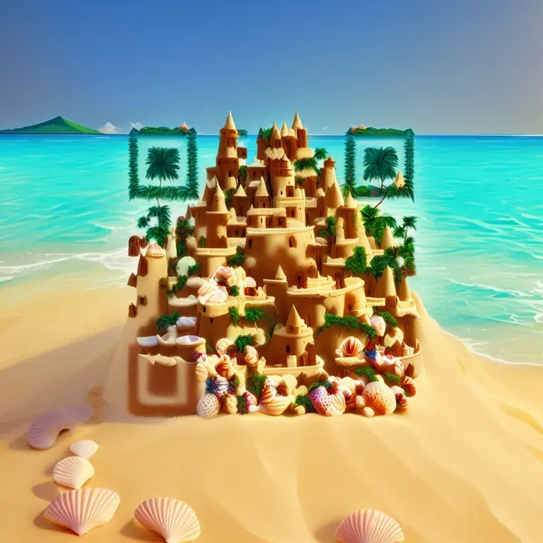 A sandcastle kingdom on a tropical beach, with seashells and turquoise water.