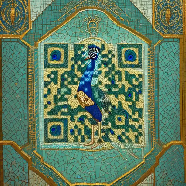 A Byzantine-style mosaic of a peacock in teal and gold tiles.