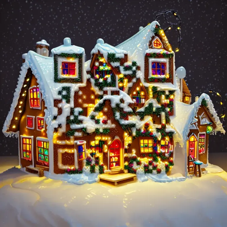 A gingerbread village covered in icing snow, with candy windows and Christmas lights.