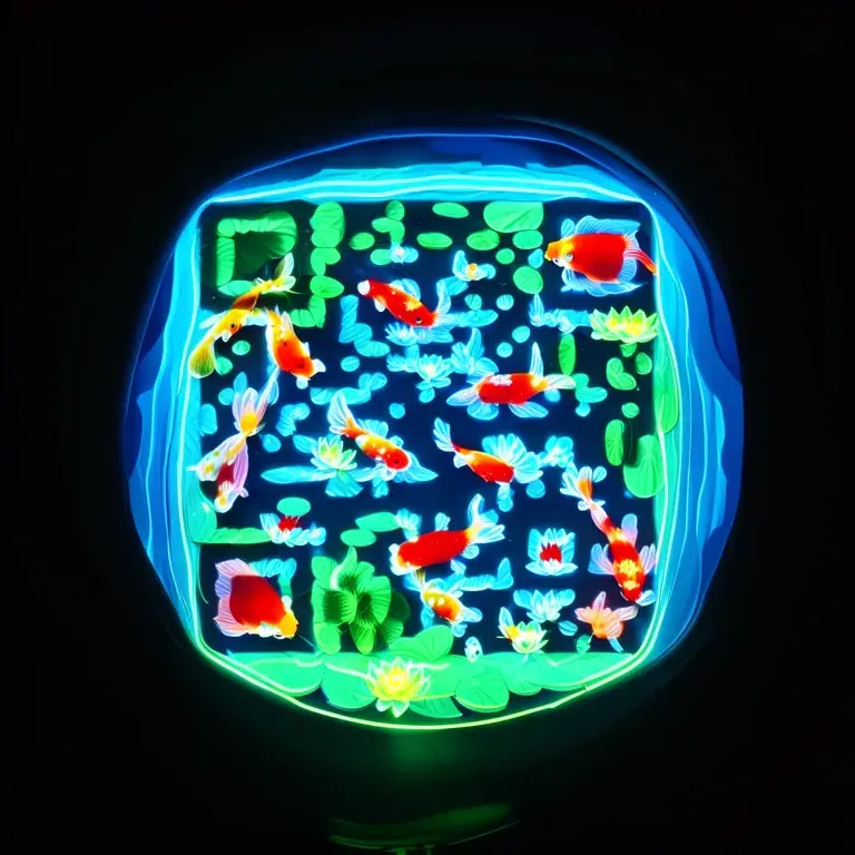 A neon koi pond seen from above, with glowing fish and lily pads at night.