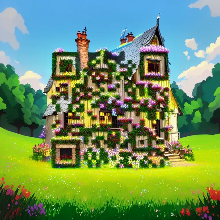 A fairytale cottage covered in flowers, with a crooked chimney in a sunny meadow.