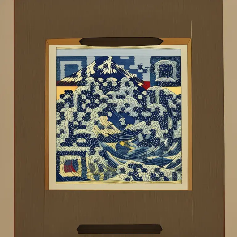 A ukiyo-e style woodblock print of a great wave with Mount Fuji behind it.