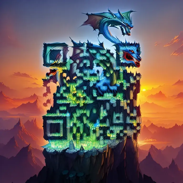 A fantasy dragon perched on a mountain fortress at sunset, on an epic scale.