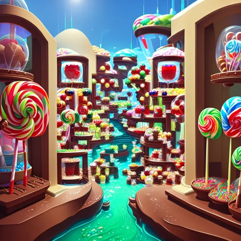 A whimsical candy factory with chocolate rivers and lollipop machines.