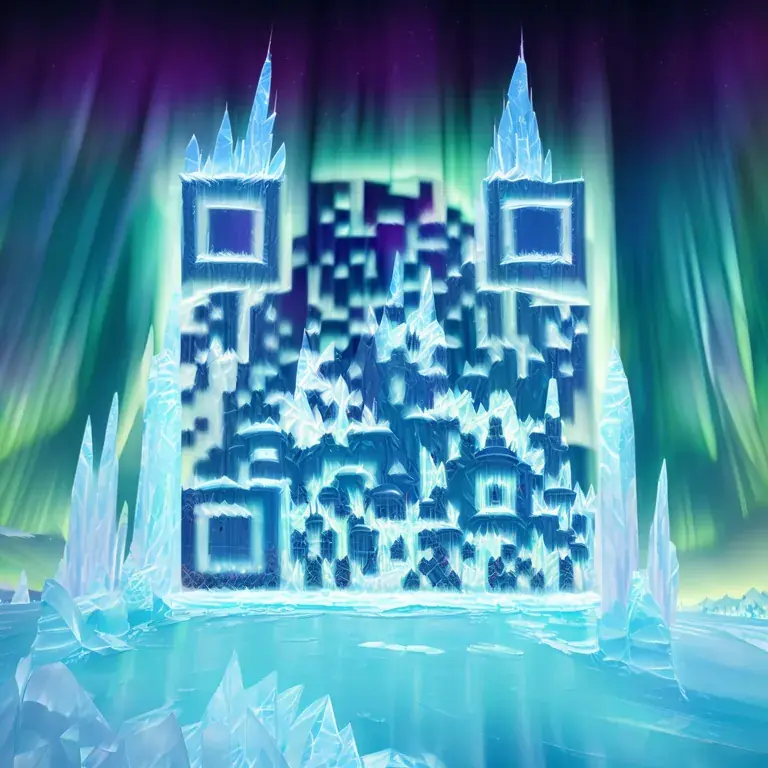An ice palace in a frozen kingdom, with crystal towers beneath an aurora sky.