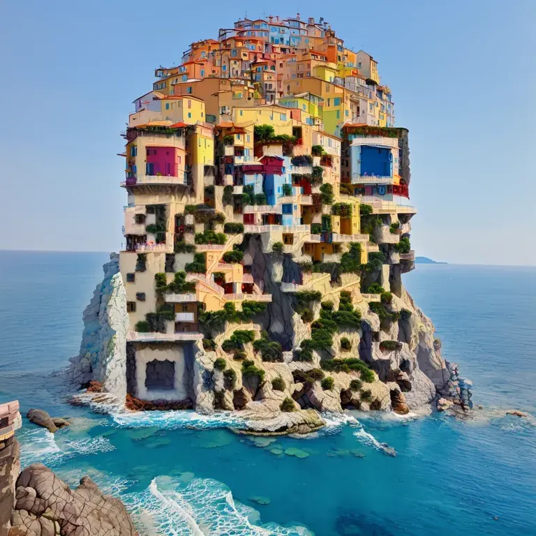 A coastal Italian village of pastel houses stacked on a cliff above the sea.