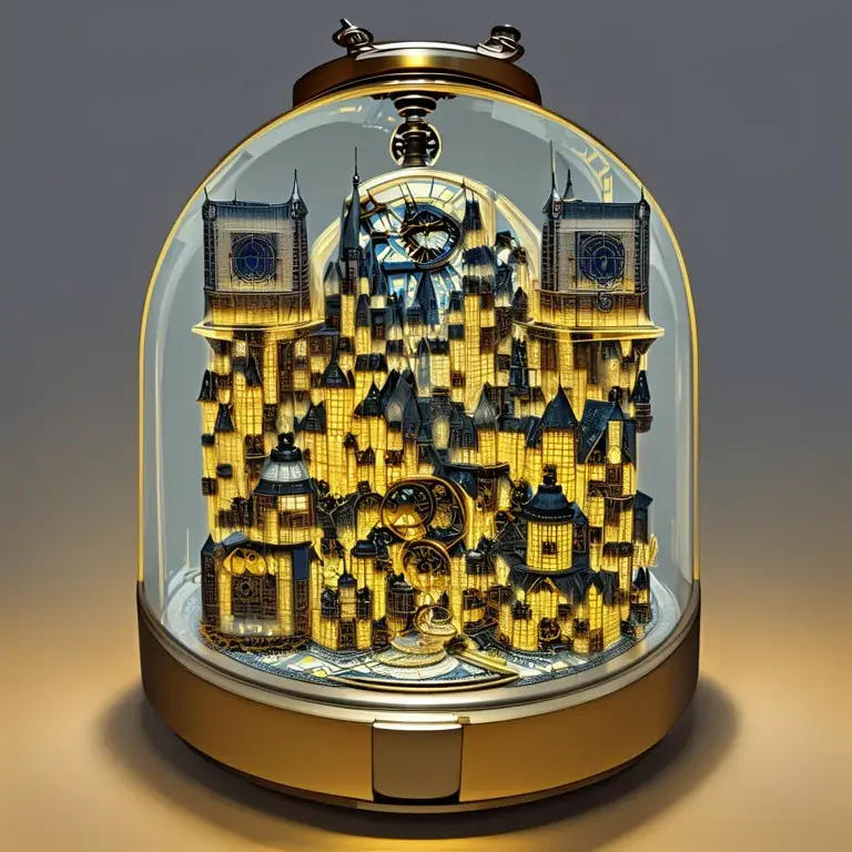 A clockwork city inside a pocket watch, full of tiny buildings and gears.