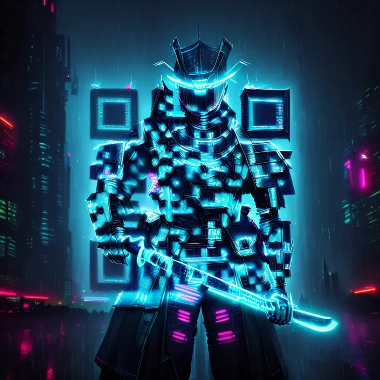 A cyberpunk samurai standing in the rain, his katana glowing neon against the city.