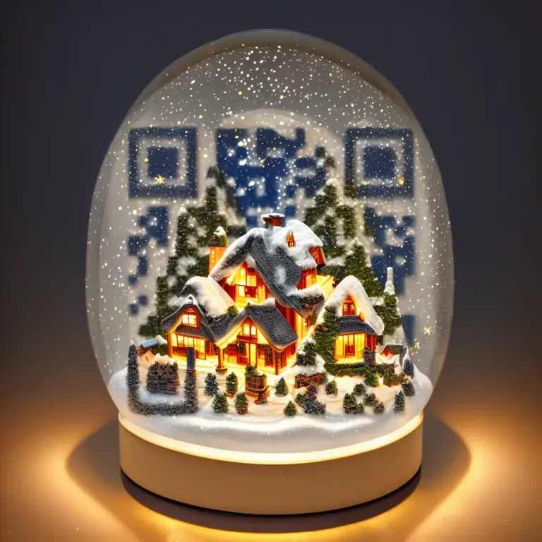 A snow globe holding a tiny winter village, with glitter falling in warm light.
