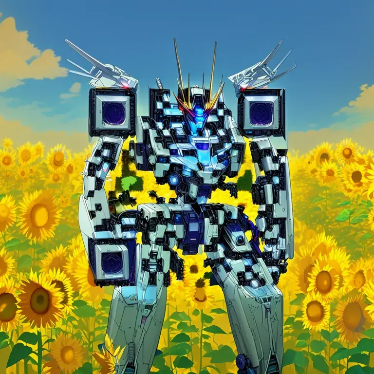 A giant mech standing in a field of sunflowers, in a soft animated style.