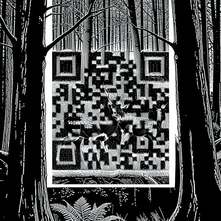 A dense forest with deer, cut as a bold black-and-white woodcut print.