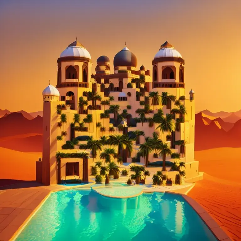 A desert oasis city with domes, palms and turquoise pools at sunset.