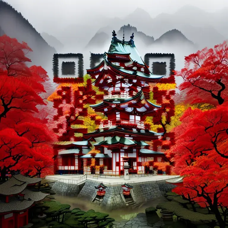 A Japanese pagoda temple in autumn, surrounded by red maples and misty mountains.