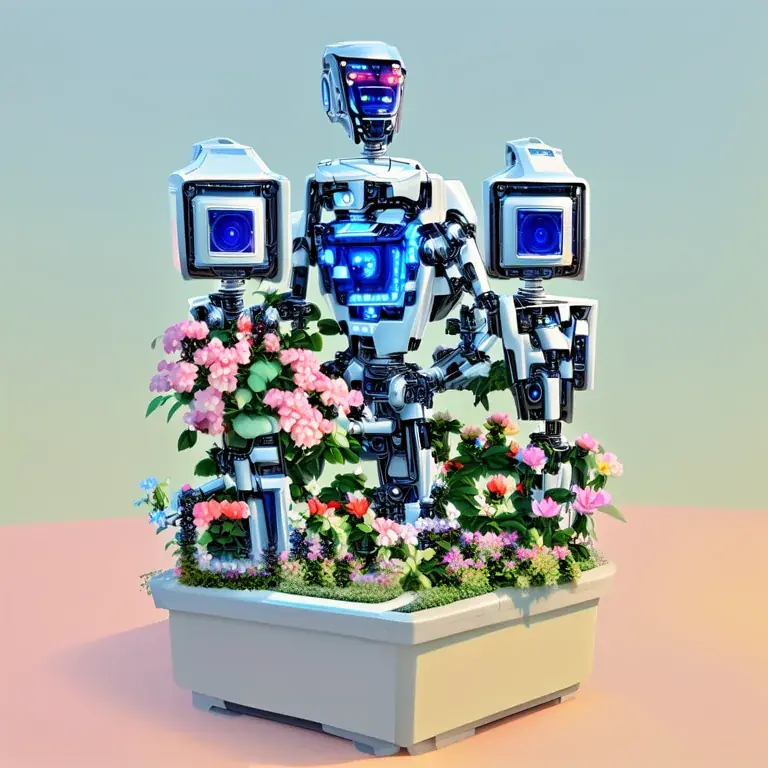 A garden where robots tend flowers, in soft pastel colours.