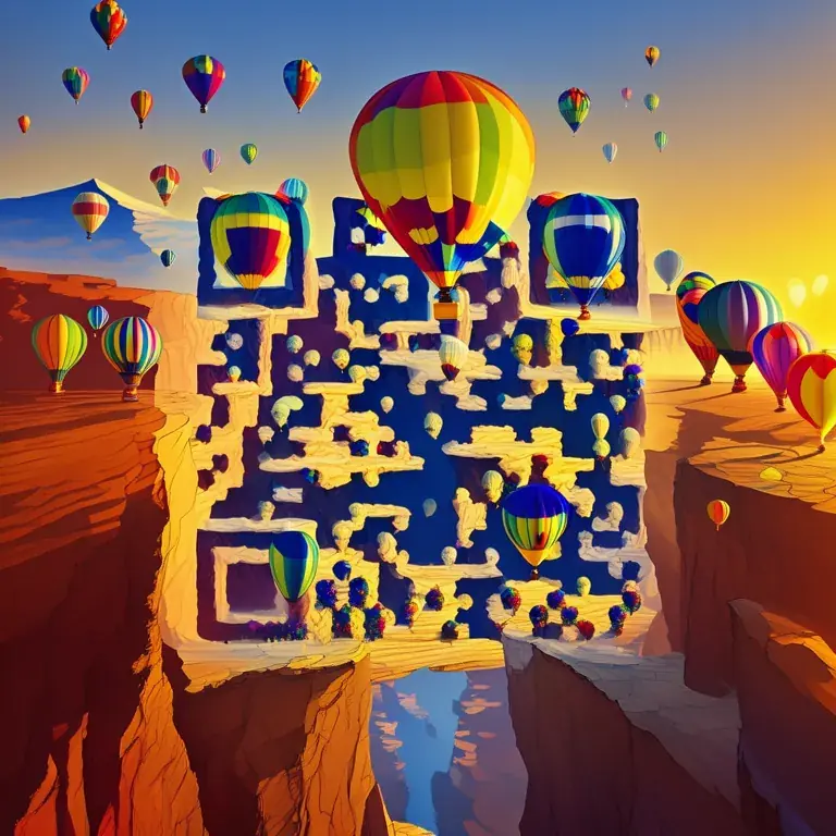 A hot-air balloon festival over a canyon at sunrise, with dozens of colourful balloons.
